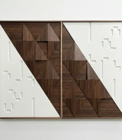 Contemporary hand-painted canvas with geometric wood grain patterns and minimalist white relief details, rich brown tones