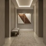Contemporary abstract hand-painted canvas with geometric wood grain and white patterns in warm neutrals, modern entryway