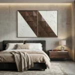 Contemporary abstract hand-painted canvas with geometric wood grain patterns and minimalist line details in warm neutrals, modern bedroom setting