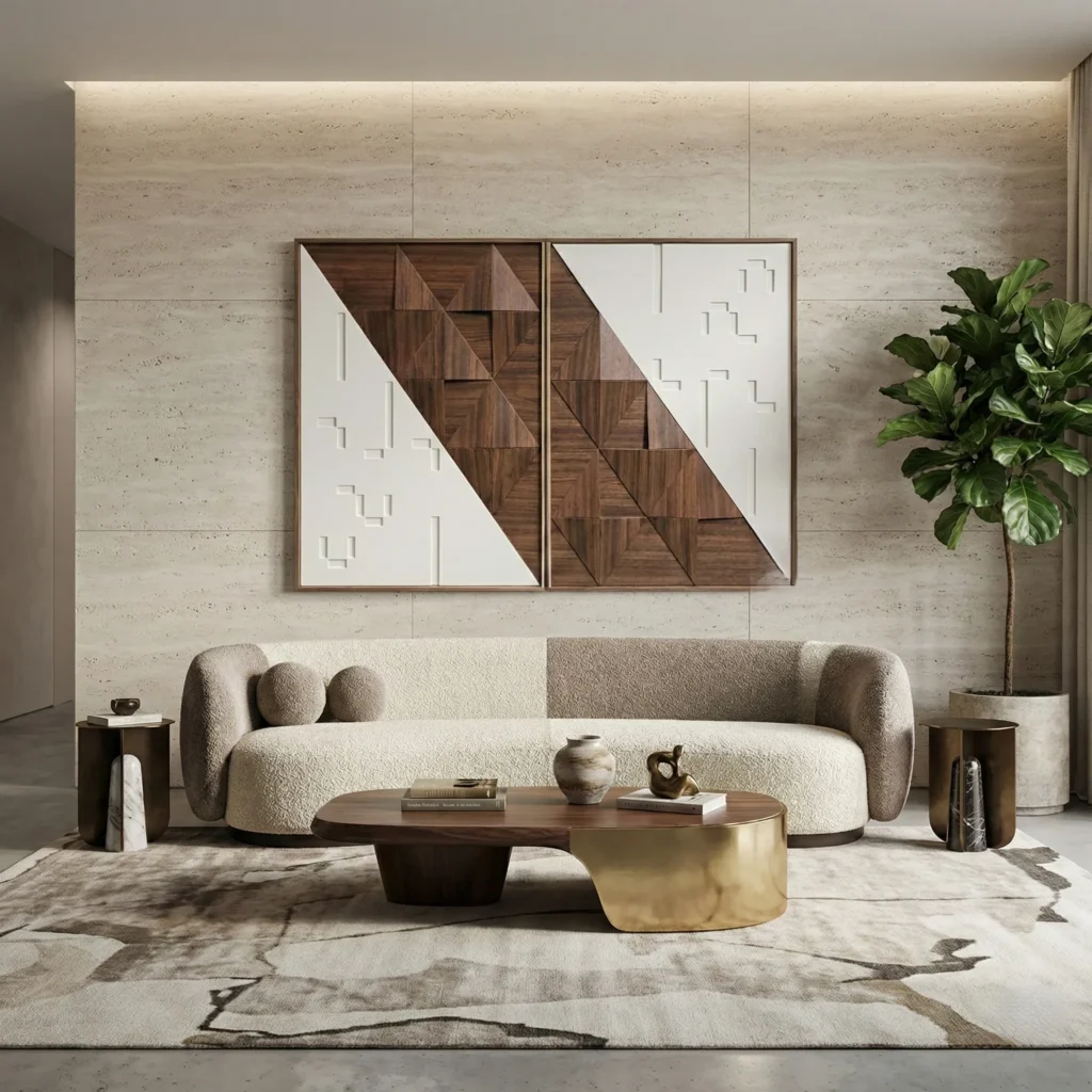 Geometric abstract hand-painted canvas with bold wood-grain and white diagonal patterns in warm brown tones, contemporary living space