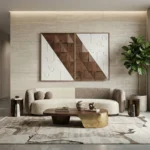 Geometric abstract hand-painted canvas with bold wood-grain and white diagonal patterns in warm brown tones, contemporary living space