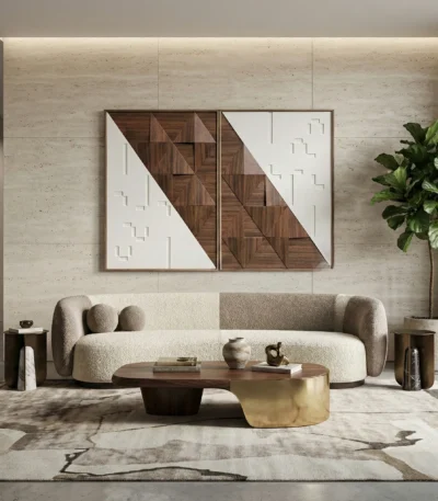 Geometric abstract hand-painted canvas with bold wood-grain and white diagonal patterns in warm brown tones, contemporary living space