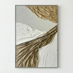 Textured abstract hand-painted canvas in cream and gold with layered gestural brushstrokes, contemporary living space