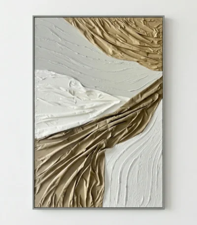 Textured abstract hand-painted canvas in cream and gold with layered gestural brushstrokes, contemporary living space