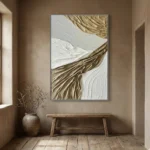 Textured abstract hand-painted canvas with sweeping cream and gold brushstrokes, contemporary entryway