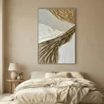 Textured abstract hand-painted canvas with swirling gold and cream brushstrokes, contemporary bedroom