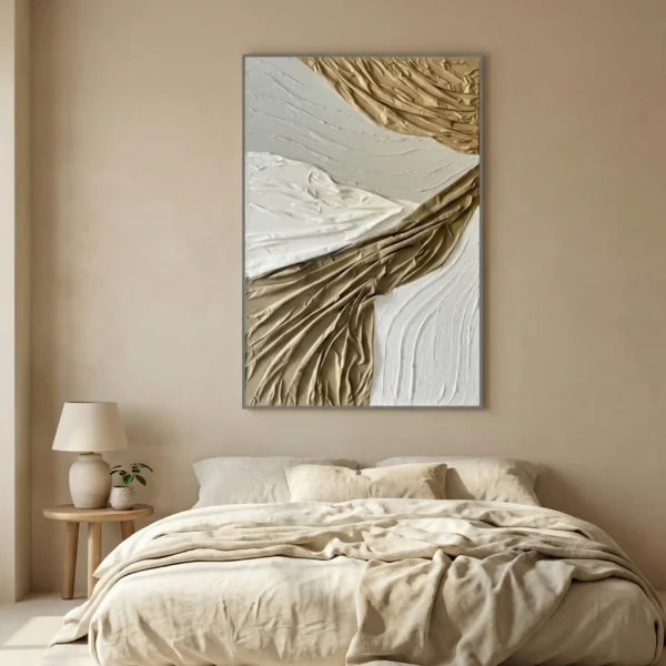 Textured abstract hand-painted canvas with swirling gold and cream brushstrokes, contemporary bedroom