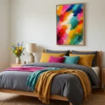 Gestural abstract hand-painted canvas in bold multicolored brushstrokes, vibrant magenta pink yellow teal orange, modern bedroom