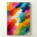 Gestural abstract hand-painted canvas in vibrant rainbow brushstrokes and layered color fields, contemporary living space