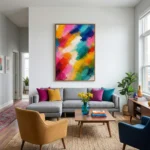 Gestural abstract hand-painted canvas with vibrant diagonal brushstrokes in magenta, gold, teal and cream, contemporary living space
