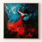 Gestural expressionist hand-painted canvas depicting a passionate dancer in vibrant red dress against dramatic teal and black brushstrokes