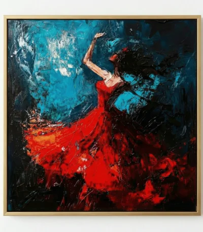 Gestural expressionist hand-painted canvas depicting a passionate dancer in vibrant red dress against dramatic teal and black brushstrokes