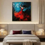 Expressionist hand-painted canvas depicting a woman in flowing red dress against dramatic teal and black brushstrokes, modern bedroom