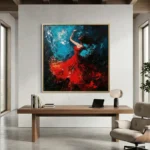 Gestural abstract expressionist hand-painted canvas depicting a figure in flowing red dress against deep blue, contemporary workspace