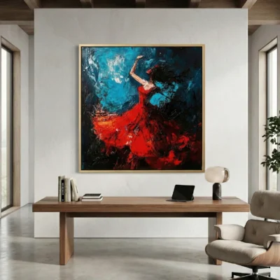 Gestural abstract expressionist hand-painted canvas depicting a figure in flowing red dress against deep blue, contemporary workspace