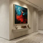 Gestural expressionist hand-painted canvas depicting a figure in a striking red dress against deep blue and black tones, contemporary entryway