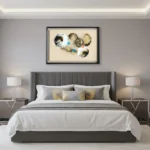 Abstract hand-painted canvas with organic circular forms in cream, gold, and blue tones, modern bedroom