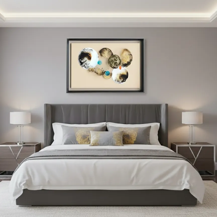 Abstract hand-painted canvas with organic circular forms in cream, gold, and blue tones, modern bedroom