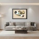 Contemporary abstract hand-painted canvas with gestural organic forms in cream, charcoal and turquoise accents, modern living space