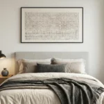 Textured abstract hand-painted canvas with geometric grid and linear patterns in neutral tones, modern bedroom