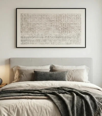 Textured abstract hand-painted canvas with geometric grid and linear patterns in neutral tones, modern bedroom