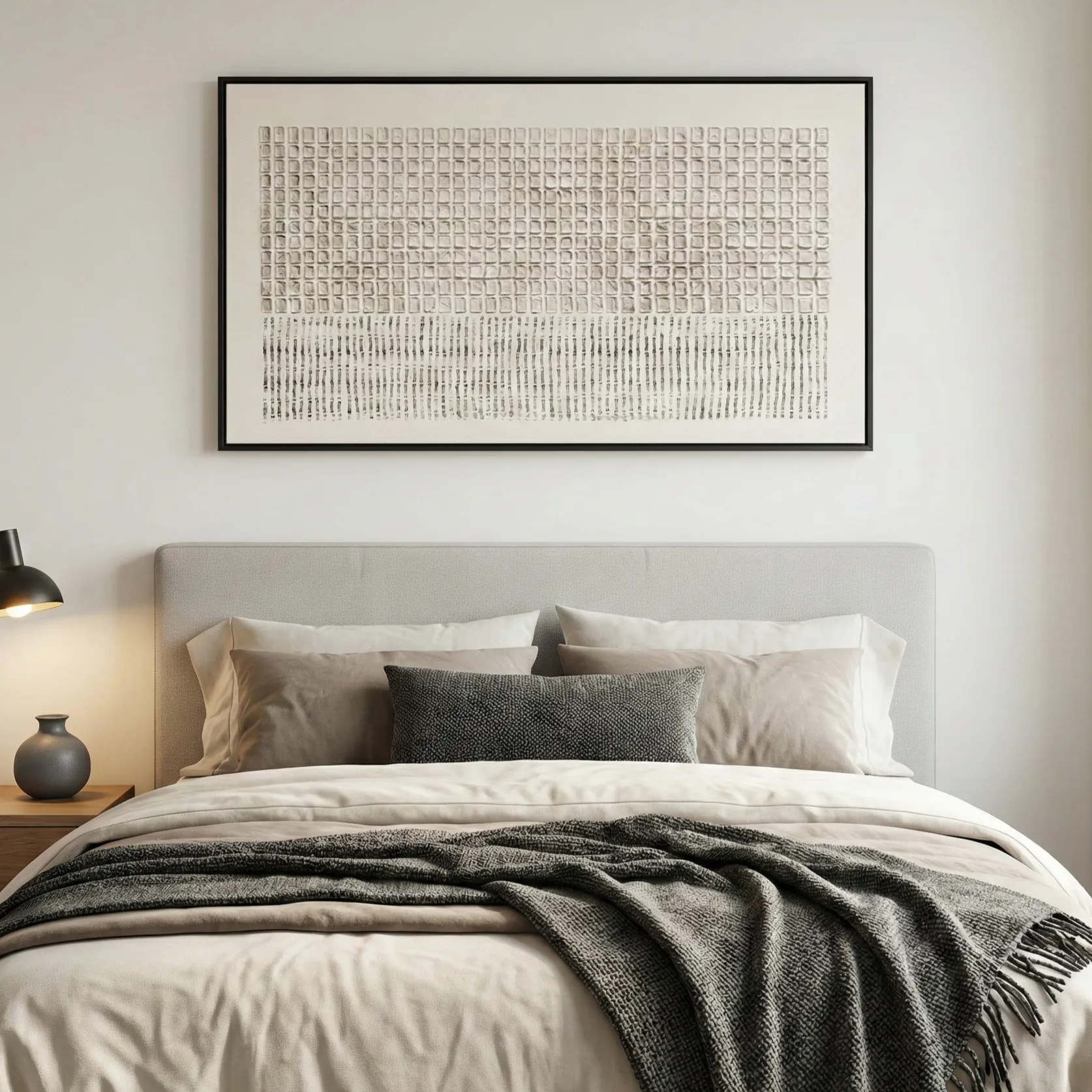 Earth & Ink Embossed paper, black ink Wabi Sabi wall art (3) Textured abstract hand-painted canvas with geometric grid and linear patterns in neutral tones, modern bedroom