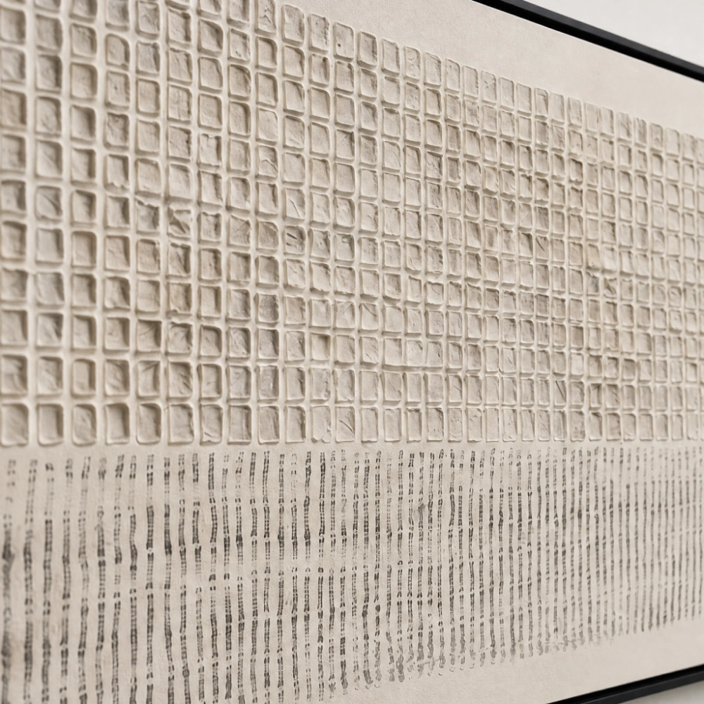 Ledger Lines textured wall art shown framed on the wall in a styled interior
