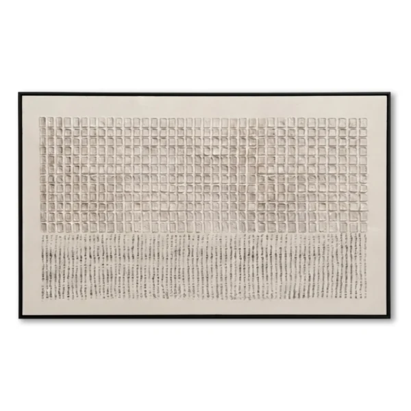 Raised cream plaster tile grid above rows of fine black ink-mark strokes, black frame, panoramic
