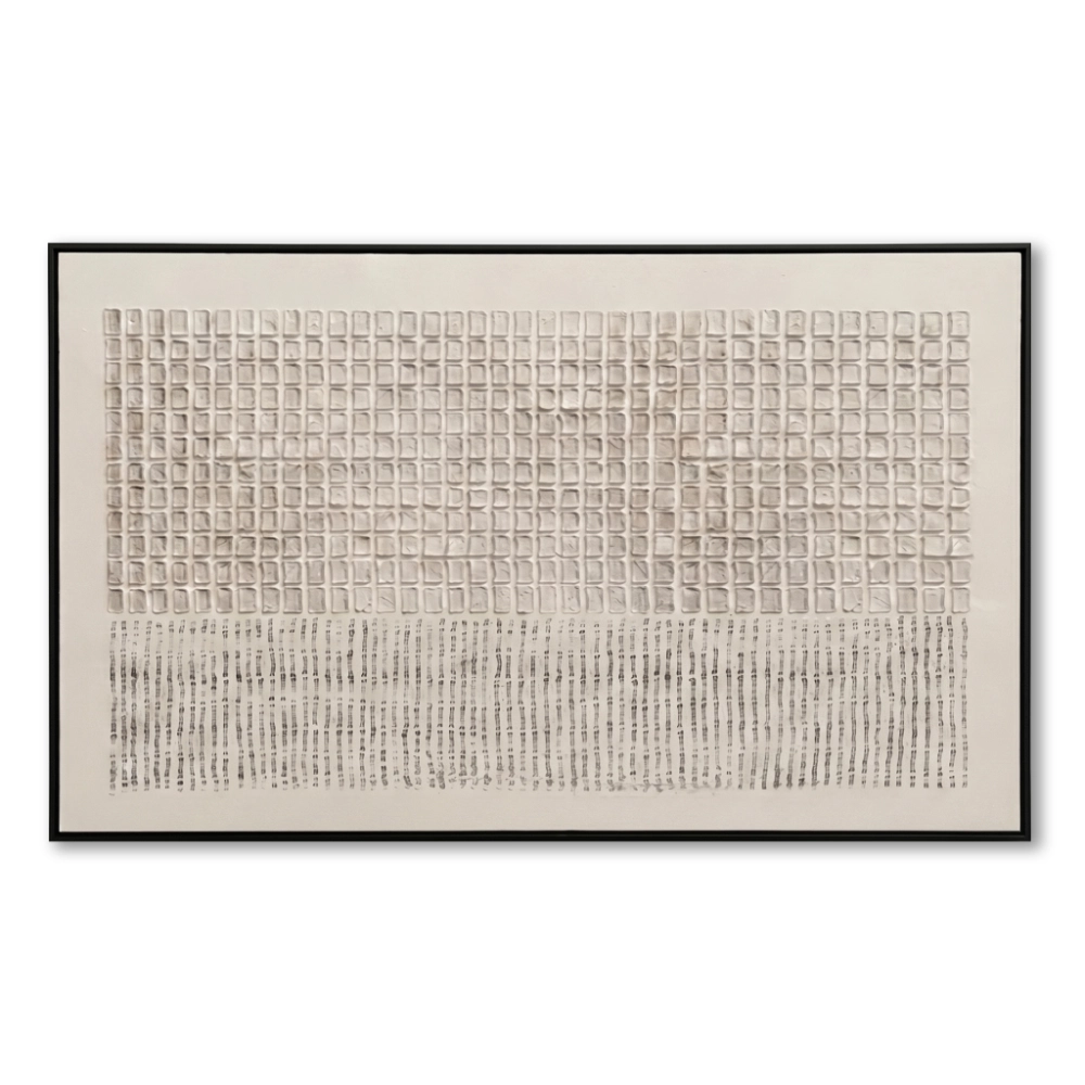 Raised cream plaster tile grid above rows of fine black ink-mark strokes, black frame, panoramic