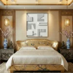 Minimalist abstract hand-painted canvas with geometric linear relief patterns in white and grey tones, luxury bedroom setting