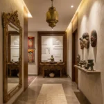 Hand-painted canvas featuring three carved wooden tribal masks in warm earth tones and natural wood finishes, displayed in a curated gallery space