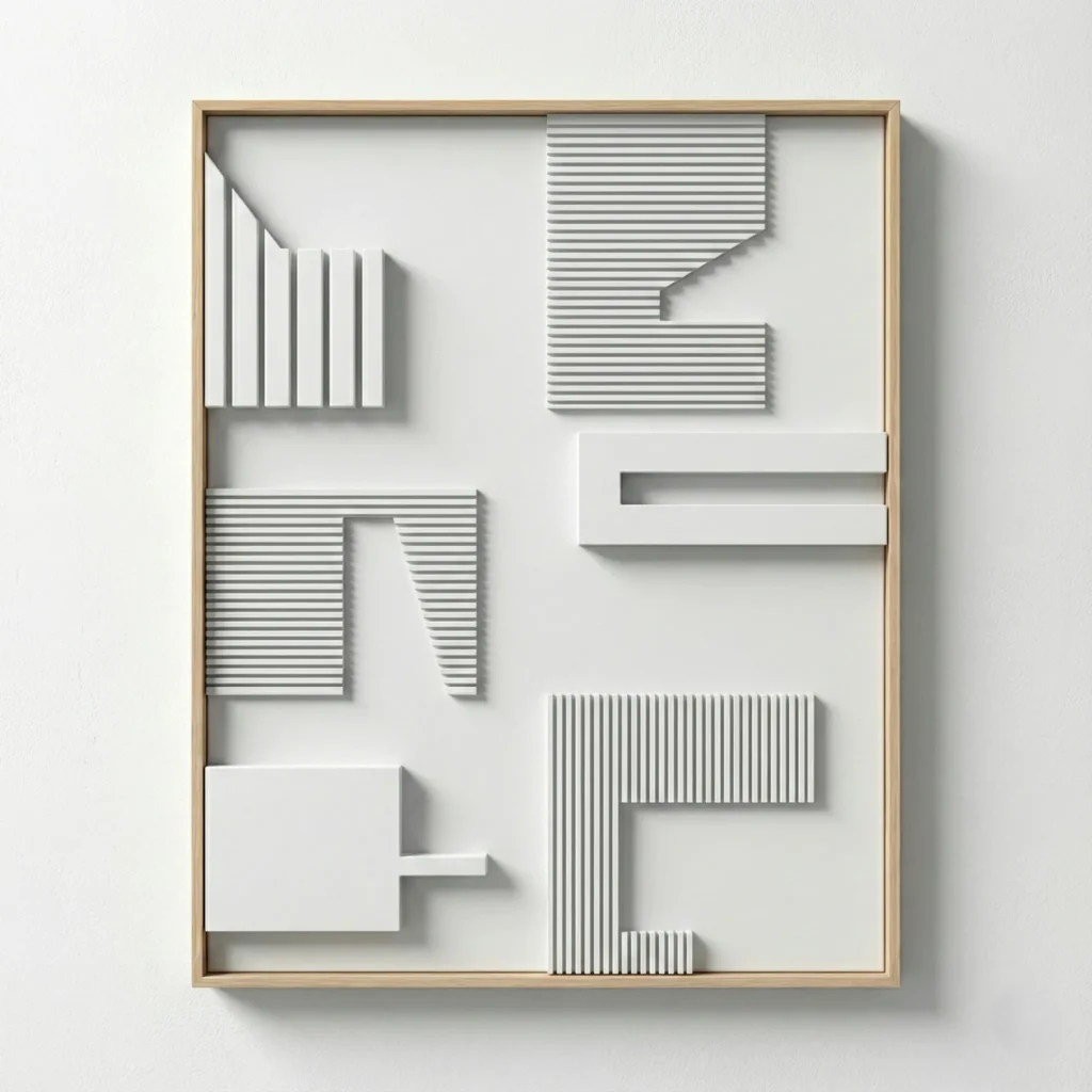 Minimalist hand-painted canvas with layered geometric forms and linear striations in white and grey tones