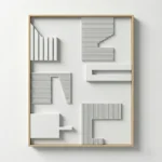 Minimalist hand-painted canvas with layered geometric forms and linear striations in white and grey tones