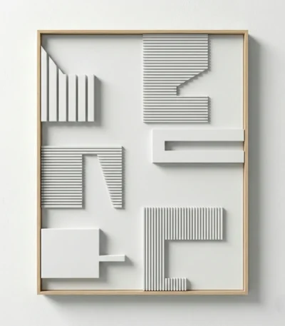 Minimalist hand-painted canvas with layered geometric forms and linear striations in white and grey tones