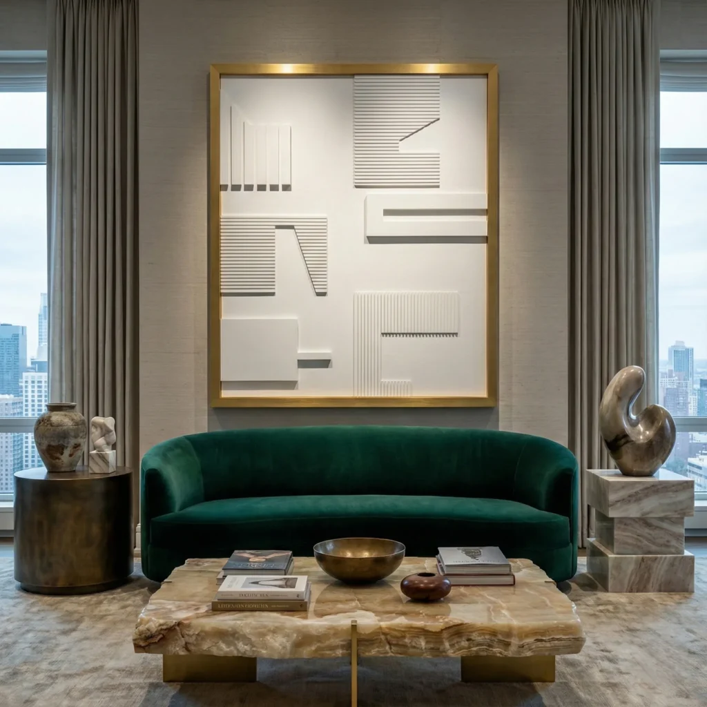 Minimalist hand-painted canvas with linear geometric forms in cream and grey tones, contemporary living space