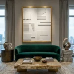 Minimalist hand-painted canvas with linear geometric forms in cream and grey tones, contemporary living space
