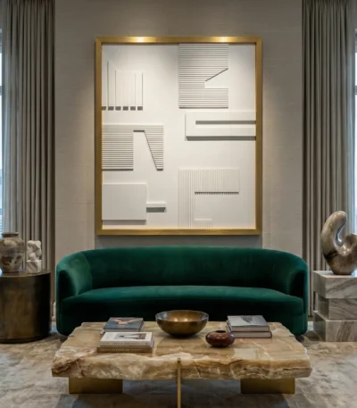 Minimalist hand-painted canvas with linear geometric forms in cream and grey tones, contemporary living space