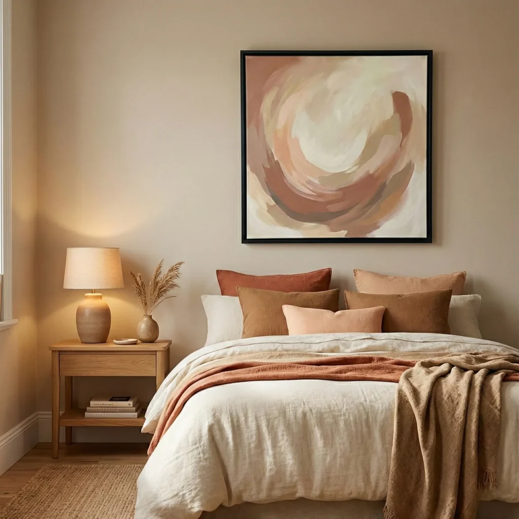 Layered abstract hand-painted canvas in warm terracotta, cream, and ochre tones with gestural brushstrokes, modern bedroom