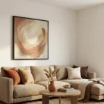 Abstract hand-painted canvas with swirling cream and terracotta tones, layered brushwork, contemporary living space