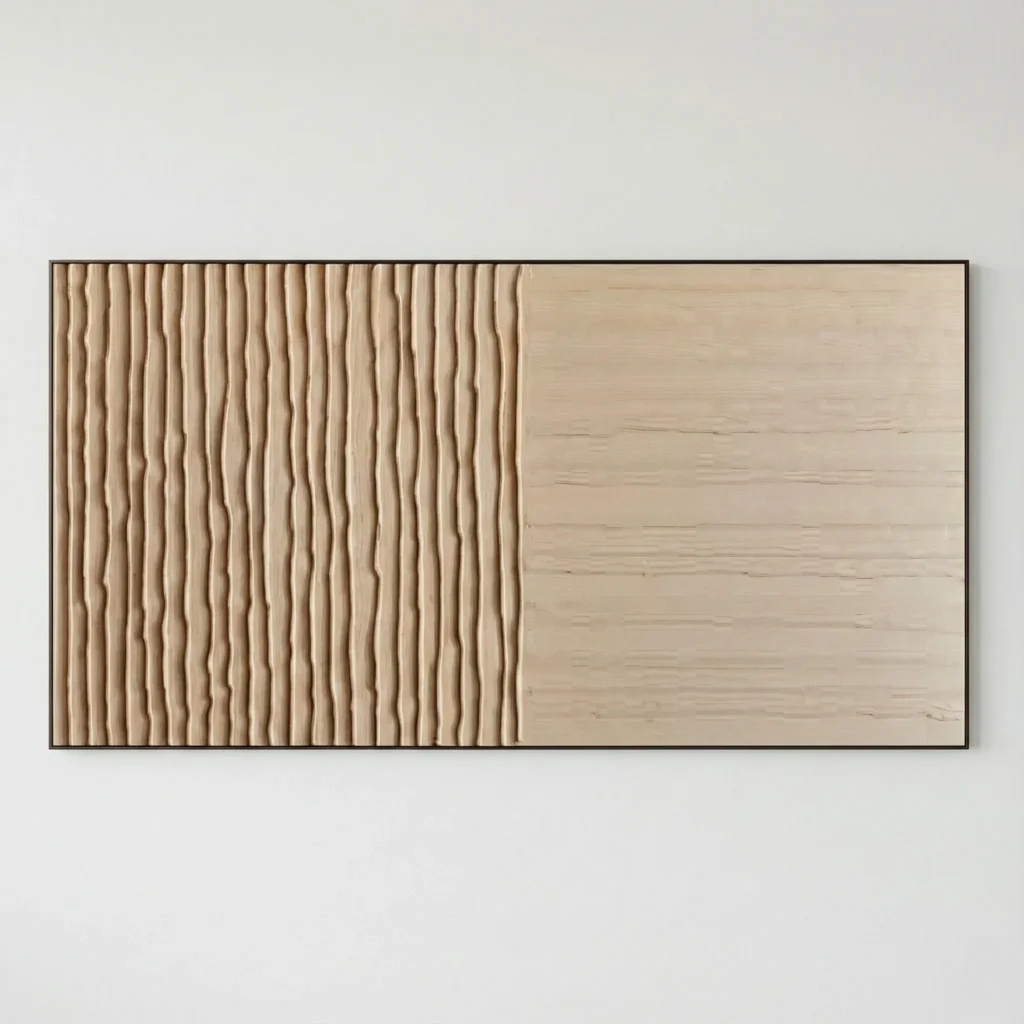 Minimalist hand-painted canvas with textured vertical striations in warm cream and natural wood tones, contemporary interior