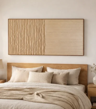 Minimalist hand-painted canvas with linear relief texture and natural wood tones, modern bedroom setting