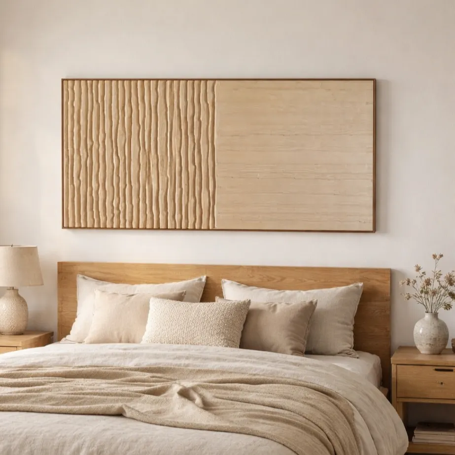 Minimalist hand-painted canvas with linear relief texture and natural wood tones, modern bedroom setting