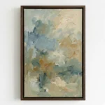 Gestural abstract hand-painted canvas with layered brushstrokes in soft blues, warm taupes, and creams, contemporary living space