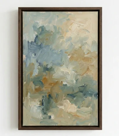 Gestural abstract hand-painted canvas with layered brushstrokes in soft blues, warm taupes, and creams, contemporary living space