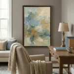 Gestural abstract hand-painted canvas in soft blues, creams, and ochre with expressive brushwork, contemporary living space
