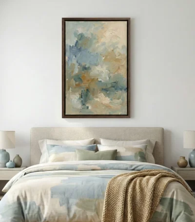 Gestural abstract hand-painted canvas in layered blues, creams and warm ochres with expressive brushwork, bedroom setting