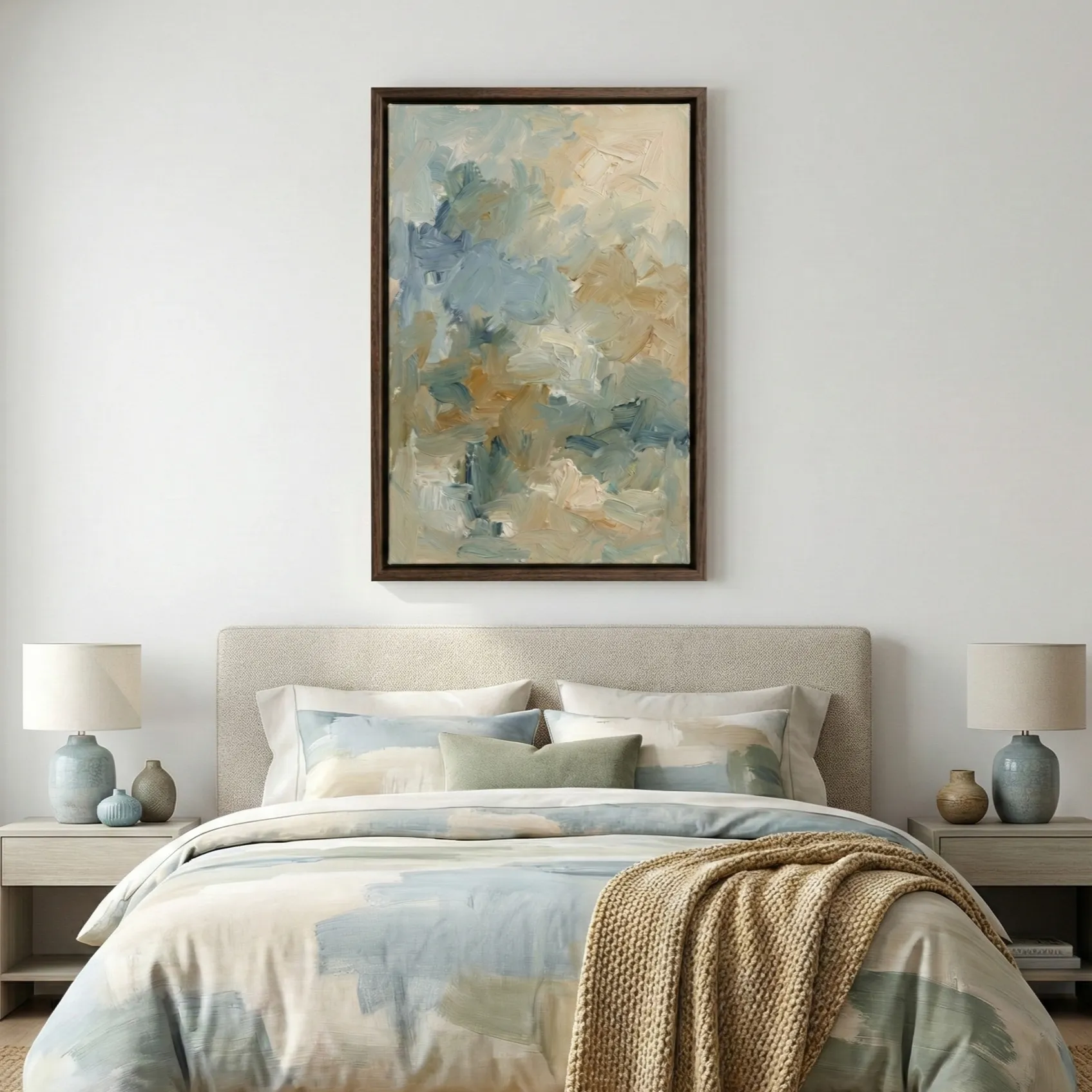 Earthen Drift Muted thick brushstrokes in soft tones abstract art (3) Gestural abstract hand-painted canvas in layered blues, creams and warm ochres with expressive brushwork, bedroom setting