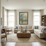 Abstract hand-painted canvas in soft blue, cream and ochre tones, layered with gestural brushstrokes, contemporary living space