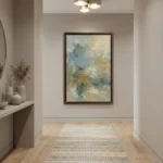 Gestural abstract hand-painted canvas in soft blues, creams and ochre tones, contemporary entryway