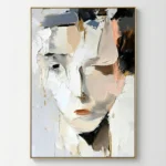 Gestural abstract hand-painted canvas depicting an expressive face in cream, white, and muted earth tones with bold brushwork accents